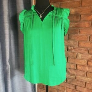 Rachel Zoe Emerald Green Ruffled Cap Sleeves, V-Neck & Shoulder Rouching - Sz XS